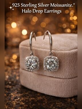 Title: 925 Sterling Silver Moissanite Halo Drop Earrings ✨